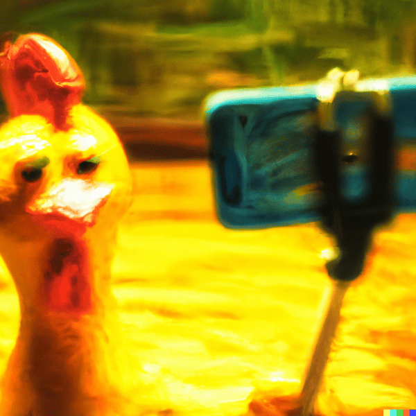 AI-created impressionist painting of a rubber chicken taking a selfie